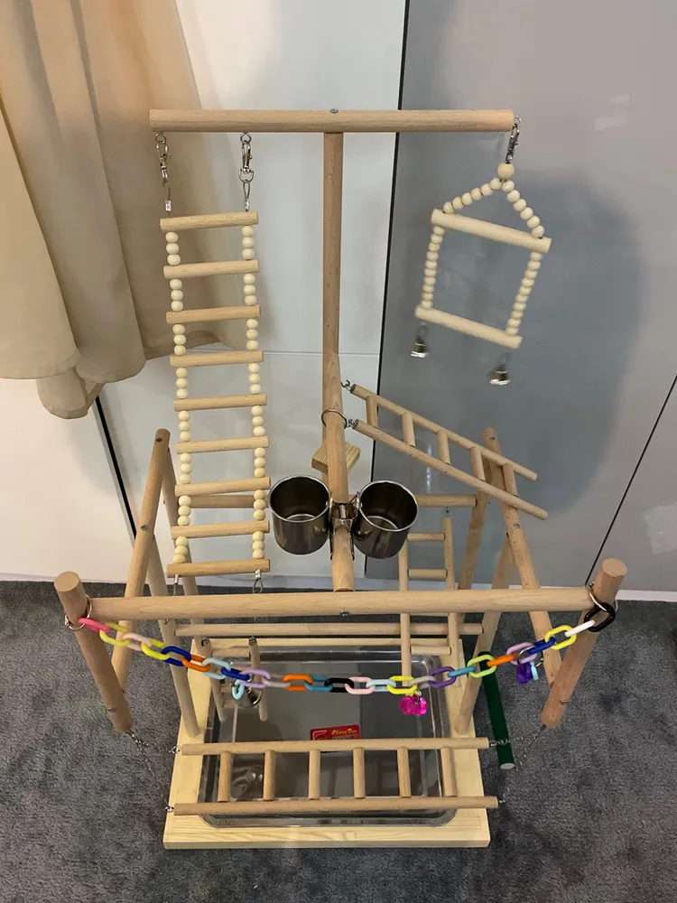 Wood Parrot Playground Lovebirds Playgym With Feeder Bird Playstand Bite Toy Bird Perches With Ladders Cockatiel Activity Center images - 6