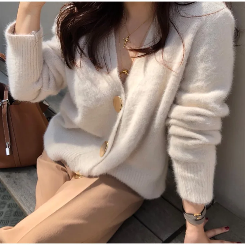 Простой Элегантный женский кардиган, свитер, вязаный кардиган из Джерси, Женский Золотой кардиган с большой пуговицей,, осенние корейские свитера для женщин
