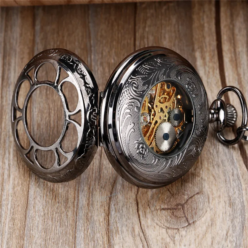Classical Full Black Pocket Watch Hollow Out Case Unisex Handwind Mechanical Pocket Watch with Pendant Chain Rero Skeleton Clock