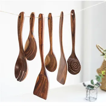 

Thailand Teak Natural Wood Tableware Spoon Ladle Turner Long Rice Colander Soup Skimmer Cooking Spoons Scoop Kitchen Tool Set