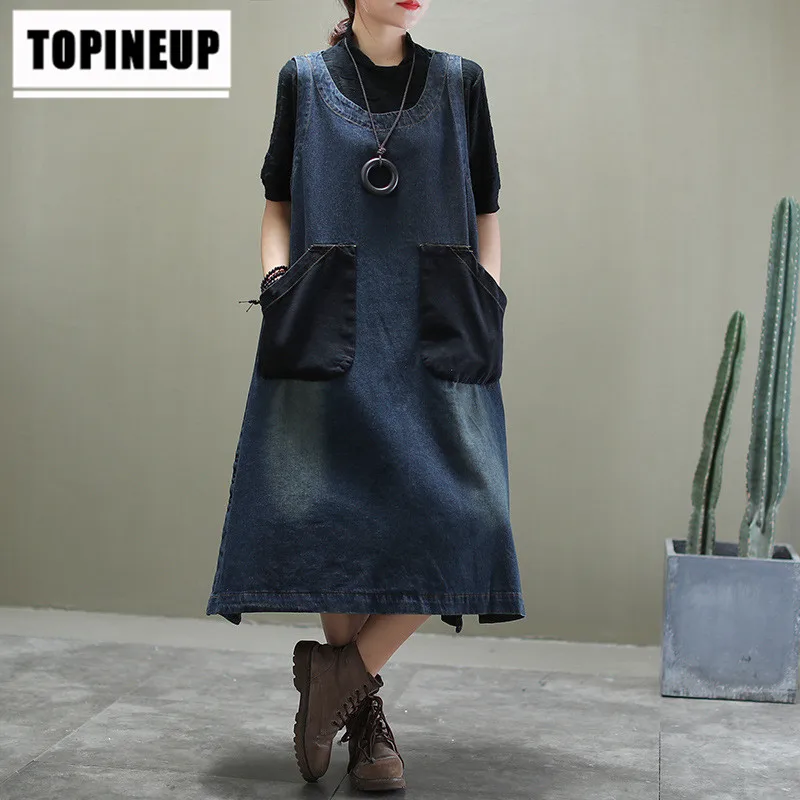 

summer dress 2020 Women's Casual vintage round neck sleeveless loose plus size Denim Long Dress