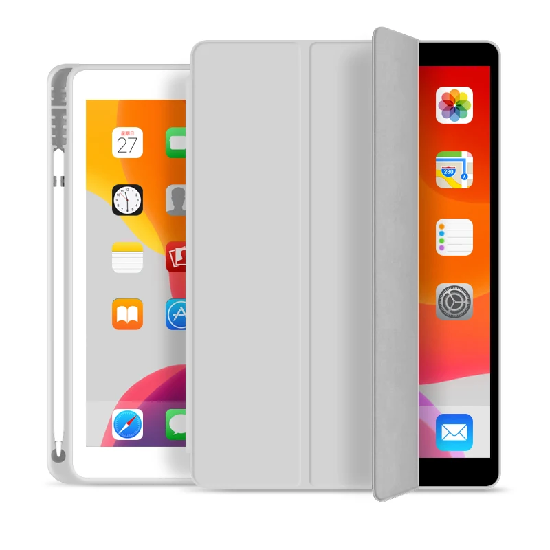 Чехол для нового iPad 10,2 дюйма 7th Gen с держателем для карандашей, тонкий трехслойный смарт-чехол Jvomk из искусственной кожи с функцией пробуждения и сна - Цвет: Серый