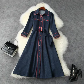 

Denim Dress Women Autumn Winter 2020 New Turn Down Collar Three Quarter Sleeves Slim A-Line Single Breasted Trench Style Dresses