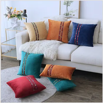 

Velvet with Bee Ribbon Decoration Home Decor Pillow Cover Orange Green Navy Velour Cushion Cover Sofa 30X50CM/45X45CM Pillow