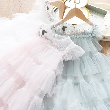 

2020 Summer Girl's Embroidered Neckline Mesh Cake Vest Dress