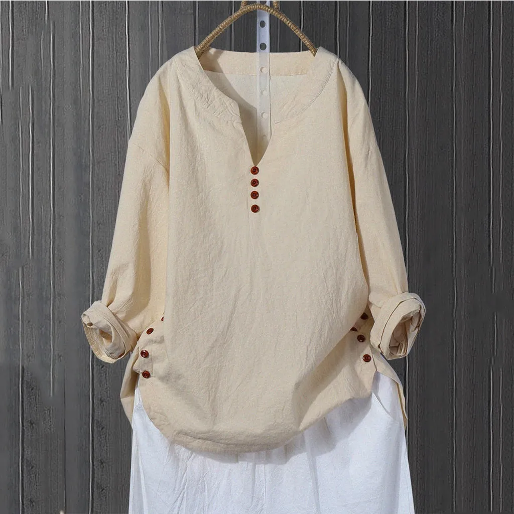 Beige 1 Feitong, женская блузка, осенняя, с принтом рыбы, длинный рукав, хлопок, лен, рубашка-халат, Женские топы и блузки, blusas mujer de moda - Цвет: Beige 1
