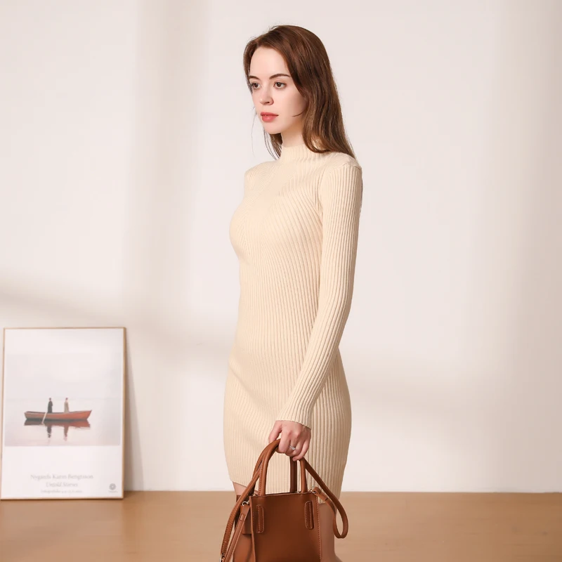 Basic Winter Casual Women's Dresses Ladies Midi Dress Sweater Knitted Korean Fashion Robe Clothes Elegant Black