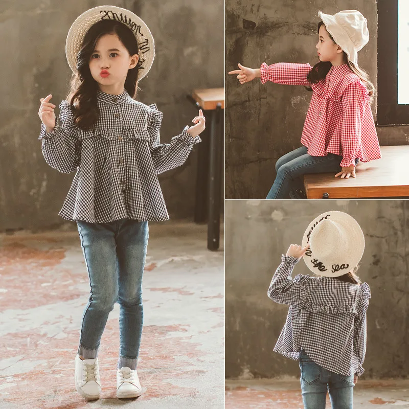 Рубашка для девочек Корейская рубашка с длинными рукавами на весну и осень, новая детская одежда для маленьких клетчатых детских рубашек