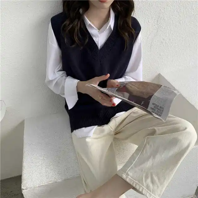 Sweater Vest Women V-neck Solid Simple Slim All-match Casual Korean Style Teens Chic Fashion Autumn Winter Sleeveless Sweaters 3