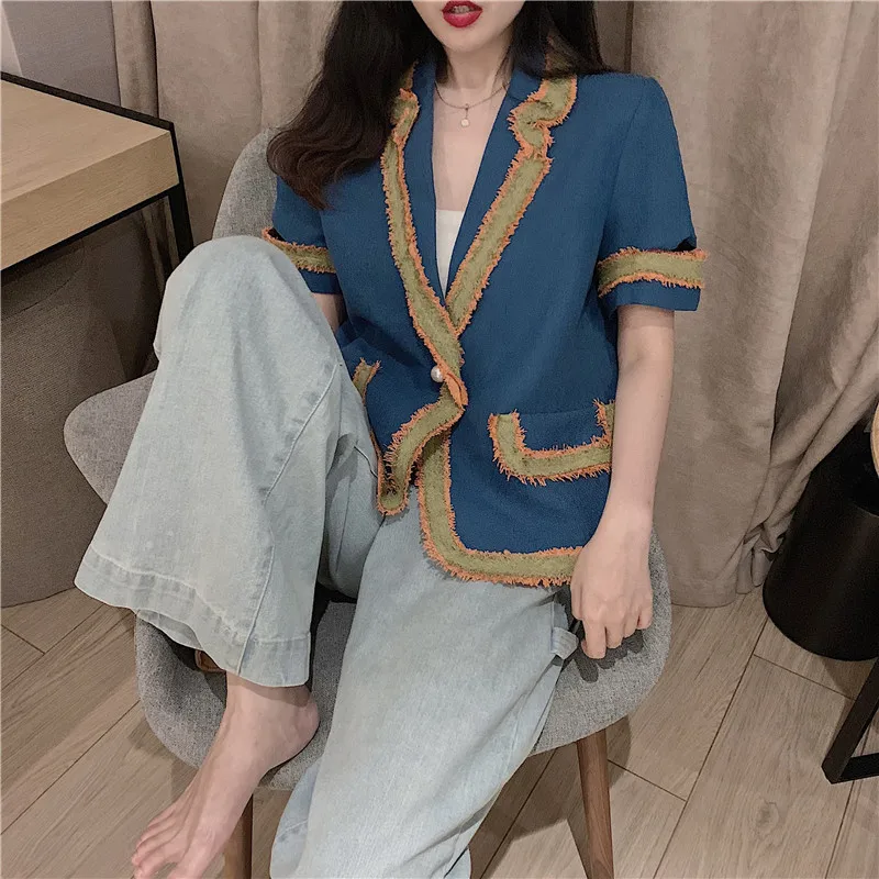 

WOMEN'S Dress 2019 Early Autumn New Style Contrast Color Joint Loose-Fit Slimming Small Suit Coat Korean-style Short Sleeve Holl