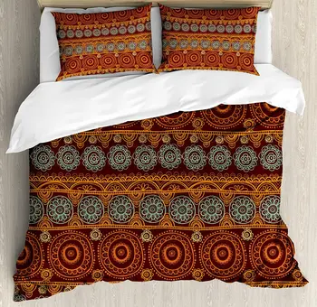 

Primitive Duvet Cover Set Queen Size Aboriginal Patterns with Round Line Floral Style Circles 3 Piece Bedding Set Orange