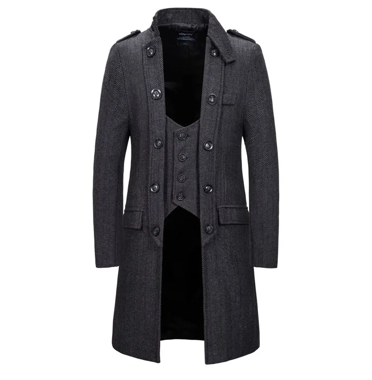 Зимняя шерстяная куртка для мужчин, флисовое теплое мужское шерстяное пальто, модный тонкий длинный Тренч из двух частей, верхняя одежда для мужчин, высококачественное пальто - Цвет: Темно-серый