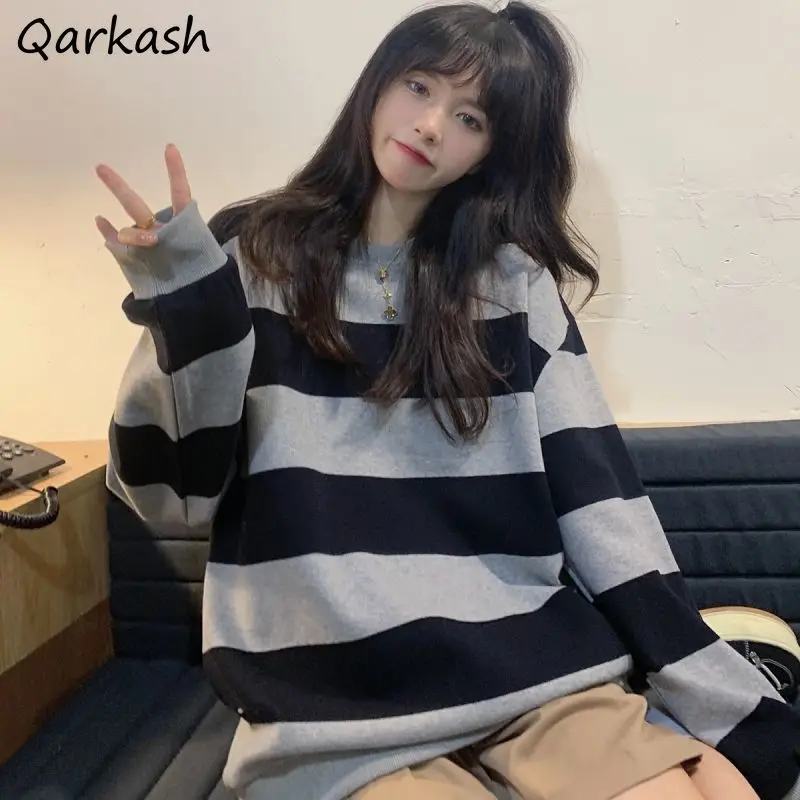 

Striped Sweatshirts Women Vintage Classic Loose Autumn Ulzzang All-match Cozy Chic College Female Leisure Popular Thickening