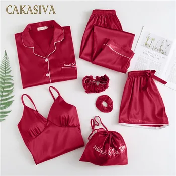 

Pajamas 7 Pieces Silk Summer Leisure Tops Pajamas Pijamas Home Clothes Sleepwear Nightwear Satin Pajamas Pijama Mujer Pj Set