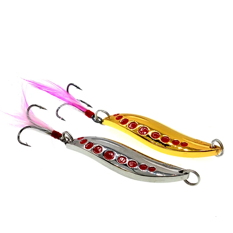 Fishing Spoon Lure 3g-20g Curved Surface Leech Spoons Metal Artificial Lures  Single Treble Feather Hooks