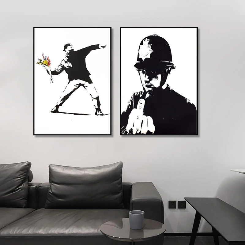 Banksy Graffiti Canvas Painting Black and White Wall Art - Print on Canvas