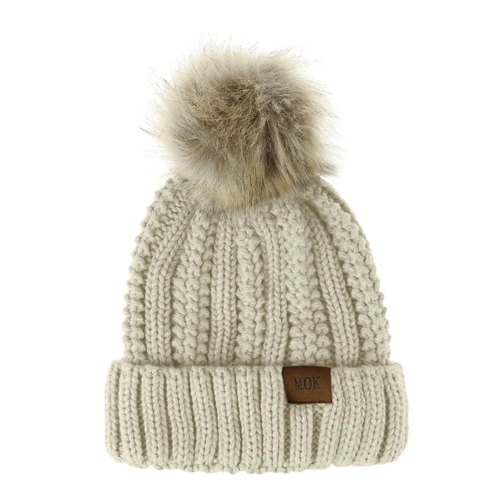 Дизайн, новая теплая зимняя однотонная Повседневная вязаная шерстяная шапочка для девочек, шапка с меховым помпоном, Лыжная шапка