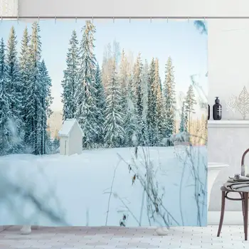 

Shower Curtain Set with Hooks 60x72 Inches Season Cabin Wooden House Textured Cold Red Snowy Elegant Window Old Forest Country