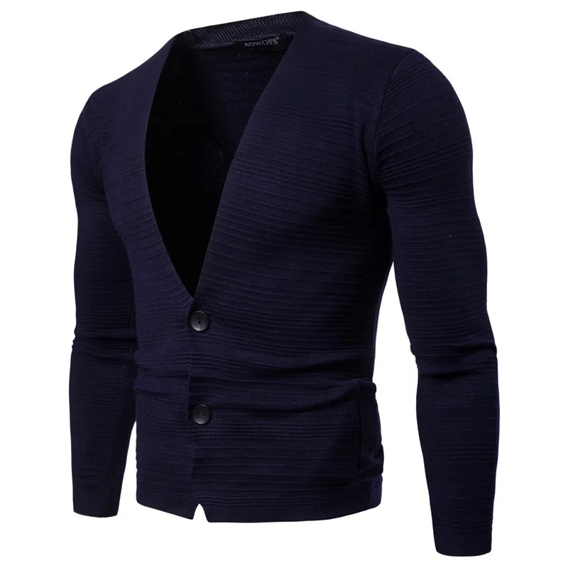 Мужской полосатый однотонный тонкий вязаный кардиган, свитер, Мужской Повседневный хлопковый джемпер с v-образным вырезом для мужчин, серый черный синий M-2XL - Цвет: Blue Sweater