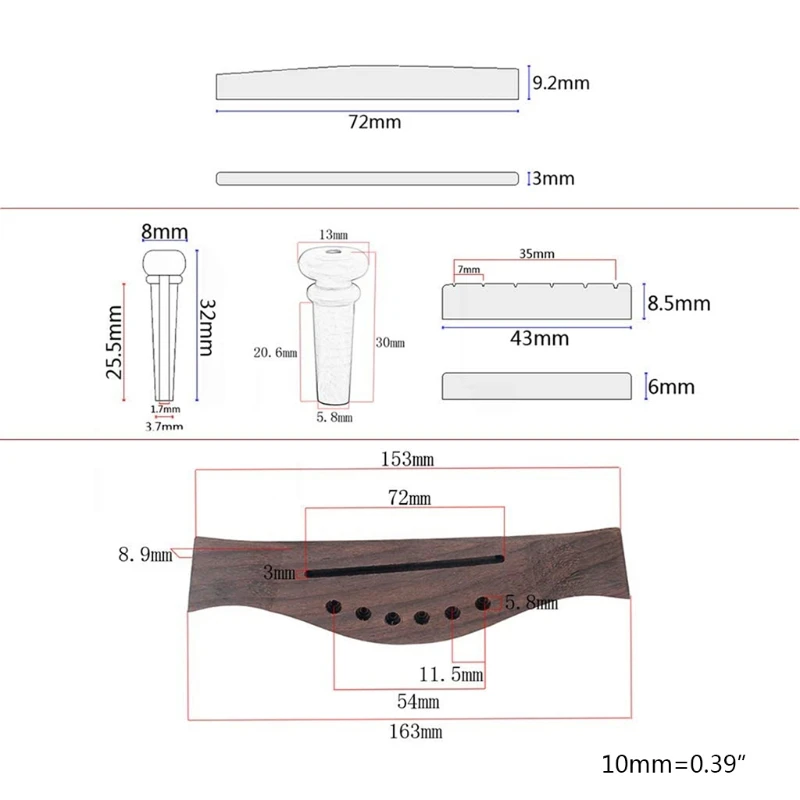 어쿠스틱 기타 나무 로즈 우드 브리지 핀 안장 너트 세트 DIY 액세서리 기타 교체 부품 G99D