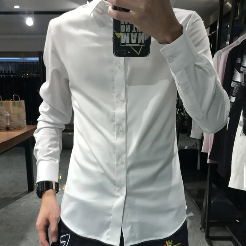 

Europe Autumn Men Shirt Solid Black White Long Sleeve Slim Fit Shirts Male Fashion Social Streetwear Embroidery Clothing Camisa