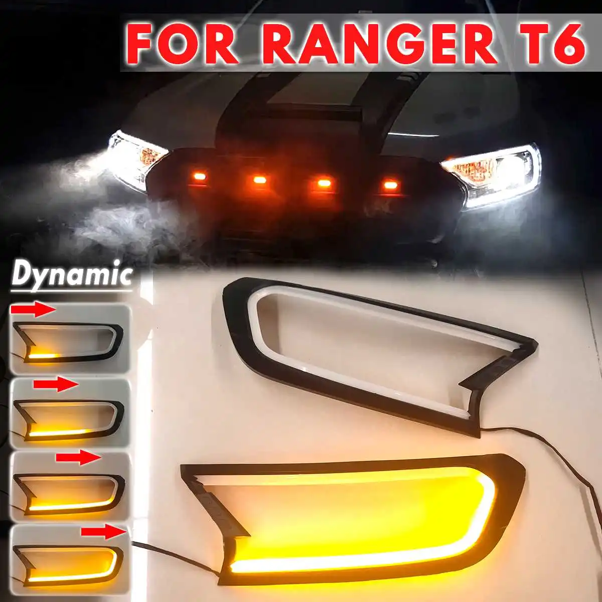  Dynamic DRL Turn Signal White Amber HeadLight LED Cover Trim ABS Lamp Hood For FORD For RANGER T6 W - 4000171371956