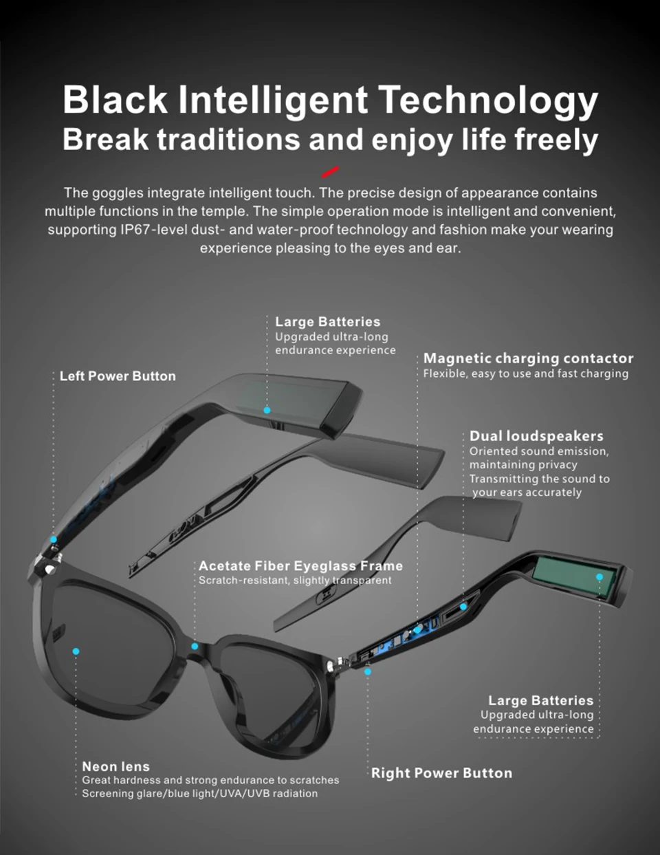 Waterproof Bluetooth Smart Sunglasses BT5.0 Headphones Glasses Call Music Anti-blue Light Glasses Compatible With IOS Android