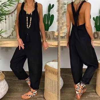 

HOT Fashion Women Girls Loose Solid Jumpsuit Strap Cotton Linen Ladies Overall Pants Casual Playsuits Plus Size