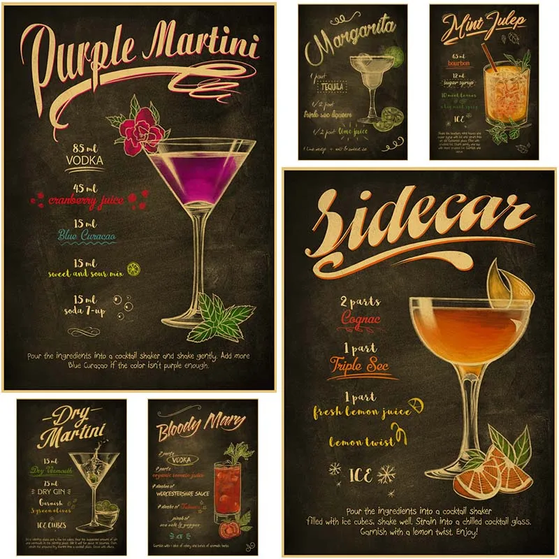 Vintage Cocktail Menu Posters Mixology Recipe Lovers Guide Poster Cafe Bar Wall Decor Home Room Decoration Painting Sticker | Дом и сад