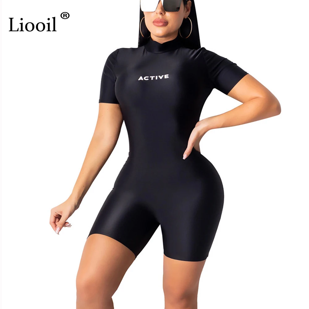 Liooil Letter Print Sexy Playsuit Women One Piece Tight Sporty Jumpsuit Short Sleeve Club Rompers Party Jumpsuits Shorts