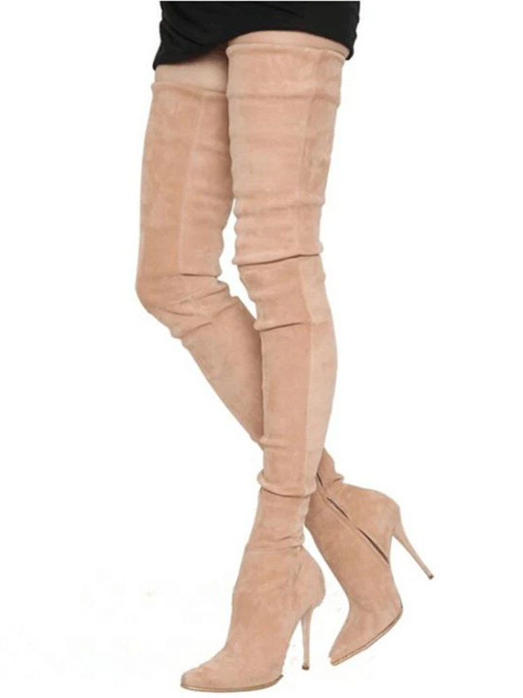Women Knee High Boots Mid Calf Stiletto Heel Zip Boots Suede Stretch Boots Shoes