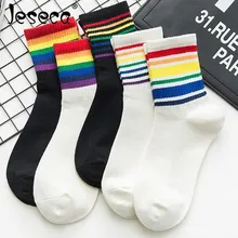 Jeseca, новинка, женские модные хлопковые носки, разноцветные радужные полосатые Harajuku, милые школьные короткие носки для девочек, дизайнерское женское нижнее белье