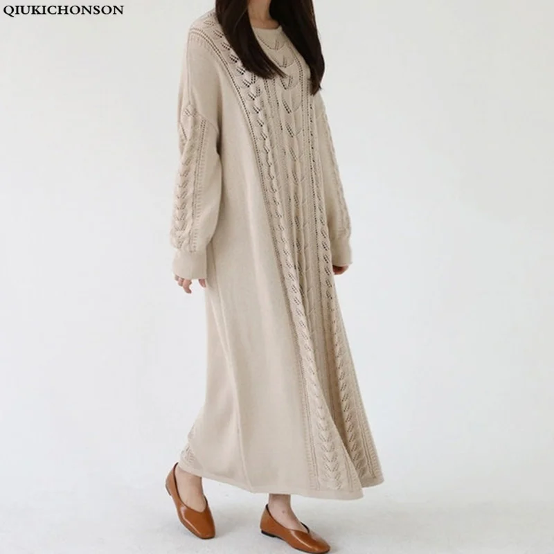Осенне-зимнее женское платье-свитер размера плюс, корейское модное трикотажное платье с круглым вырезом, винтажное женское длинное платье
