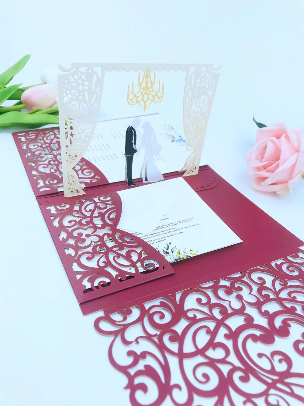  Free Shipping 1x 3D POP UP Card Burgundy tri 3 Fold Pocket Wedding Invitation Card Laser cut Invite - 4.00042E+12