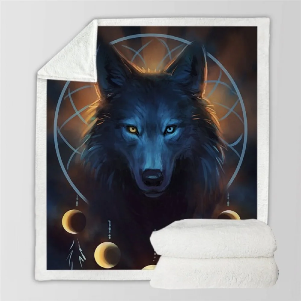 Soft Wolf Warm Blanket 3D Animal Star Galaxy Wolf Pattern Print Bedding Sherpa Fleece Blanket for Kids Portable Throw Blanket