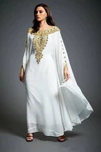 Robe de soirée de forme trapèze, tenue de soirée blanche musulmane, manches longues, mousseline de soie, Kaftan marocain, perles et cristaux, dubaï, arabie saoudite 