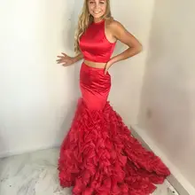 Красный 2 шт. Русалка Выпускные платья Длинные атласные открытой спиной пухлый официальный вечернее бальное платье Robe De Soiree