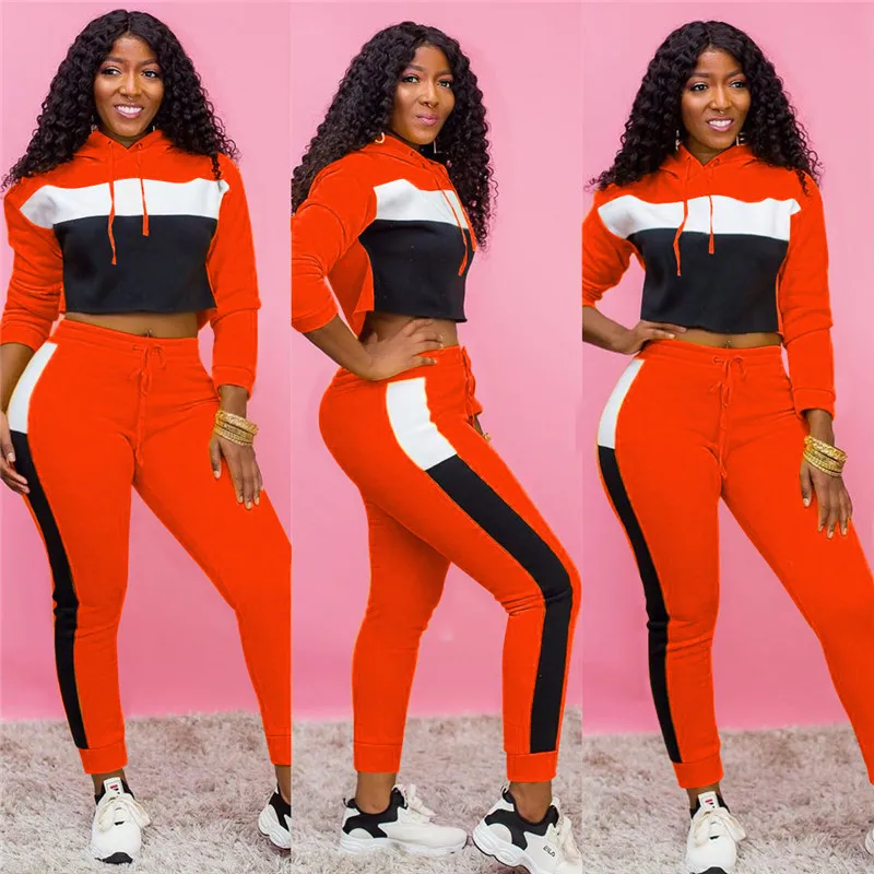 

Multicolor Color Block Patchwork 2 Piece Set Women Sport Suits Casual Hooded Neck Crop Tops Long Pants Minimalist Street Joggers