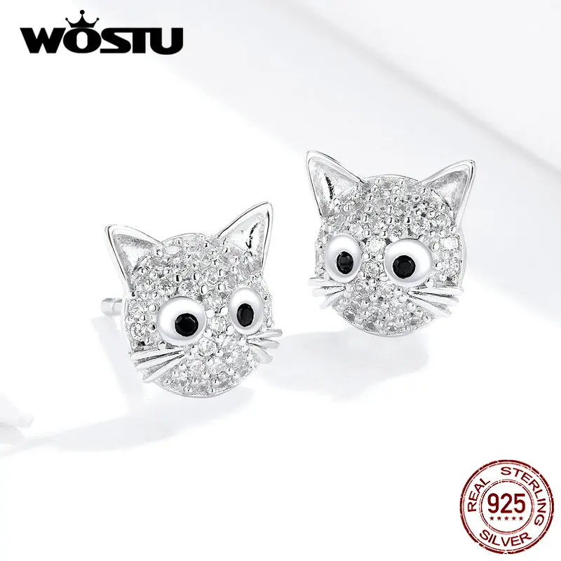 WOSTU, серьги-гвоздики с кошечкой Китти, 925 пробы, серебро, для женщин, циркон, животные, маленькие серьги, подлинные свадебные украшения, FIE751