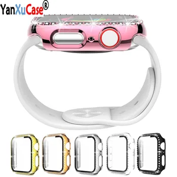 

YanXu Luxury Diamond Case+Tempered Glass For Apple Watch 40mm 44mm 42mm 38mm Bumper Cover For iwatch 6 SE 5 4 3 2 1 Accessories