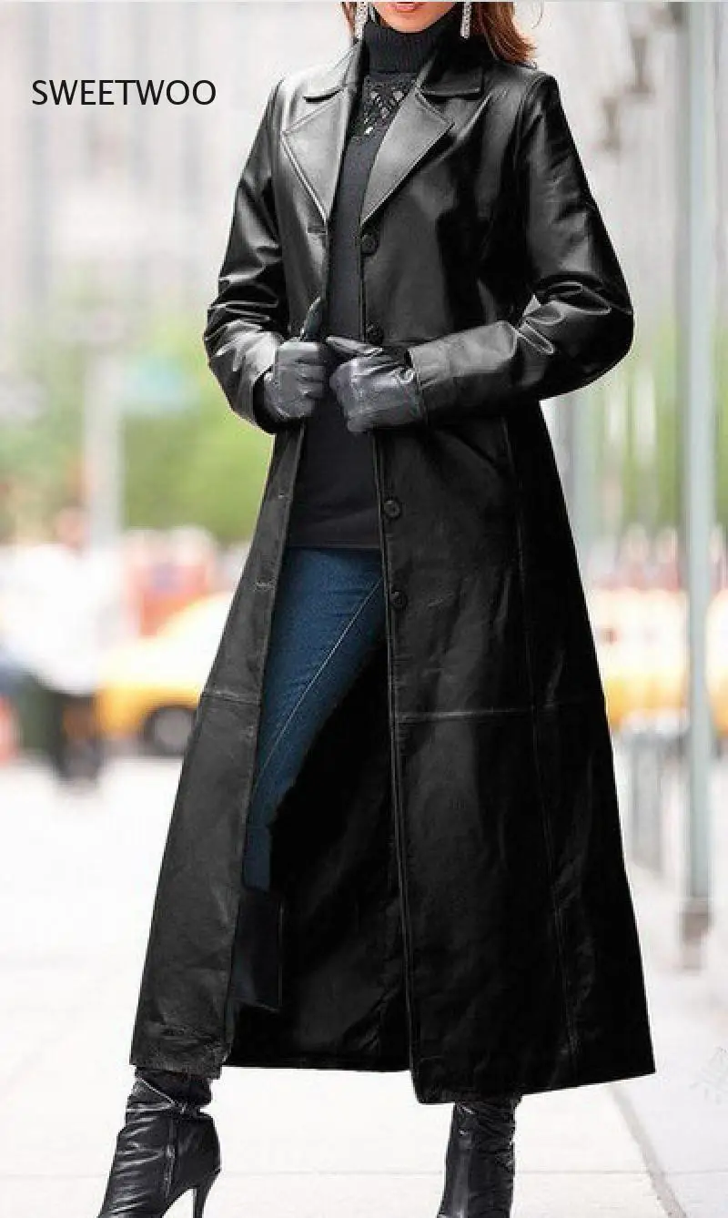 Женская Длинная кожаная куртка, однотонная байкерская куртка в стиле стимпанк с лацканами, куртка из искусственного меха в готическом стиле на весну, 2021 женская утепленная кожаная куртка с лацканами мотоциклетная куртка из искусственного меха в стиле ретро