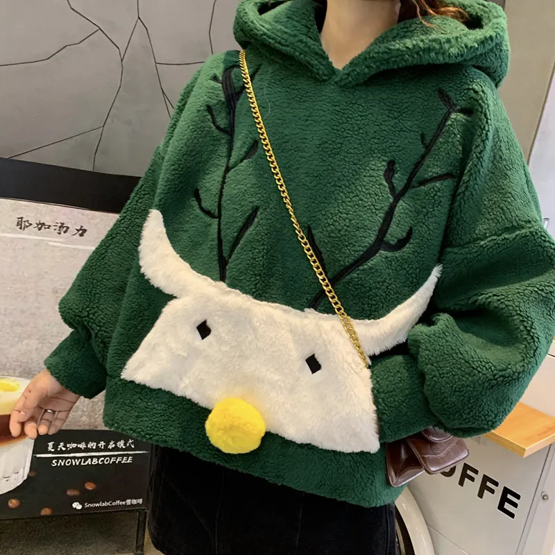 

Hoodies Women Autumn Winter Cute Korean Of Lazy Wind Cartoon Embroidery Imitation Lamb Fur Hooded Loose Jacket Coat Female