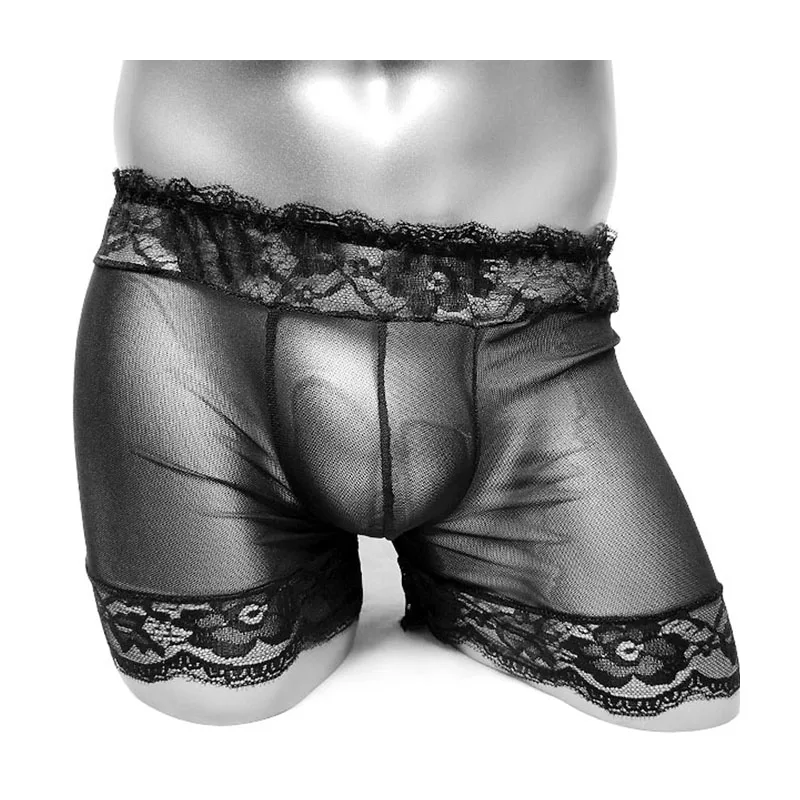 Men Lingerie Mesh Lace Boxer Shorts Transparent Underwear Sheer Sissy Male Sexy Gay Stretchy Waistband Panties Wetlook 1 pair sexy lace gloves dot fashion driving women short tulle stretchy lotus leaf sheers flexible mesh wedding full finger glove