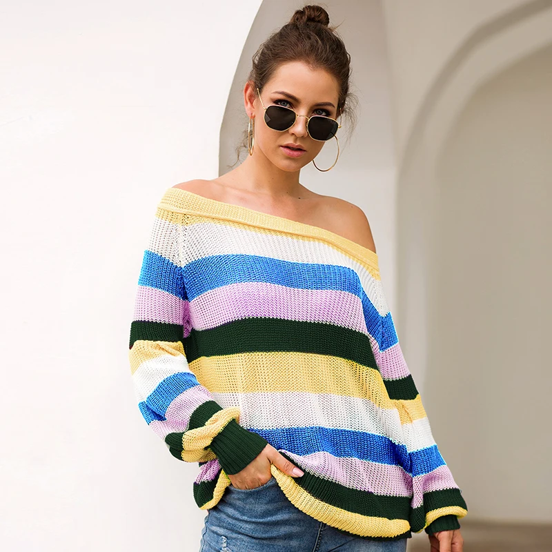 

2019 Autumn and Winter Women's Pullovers Slash Neck Stitching Loose Long Sleeve Sweater Knitted for Female