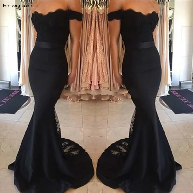 

Black Evening Dress Mermaid Off the Shoulder Lace Party Gown