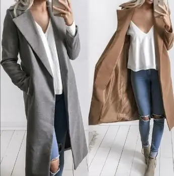 

Ladies Slim Warm Wool Lapel Long Coat Trench Overcoat Outwear GW