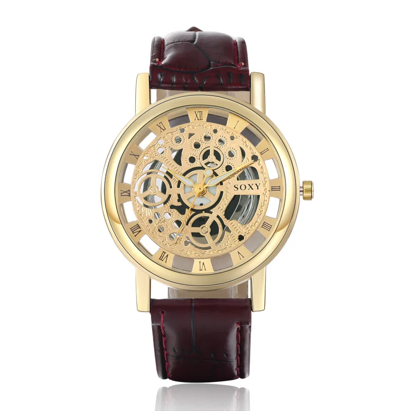 SOXY Роскошные уникальные золотые часы со скелетом relogio masculino мужские часы модные мужские часы кожаный ремешок Часы montre homme - Цвет: Brown-Gold