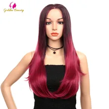 Золотой красивый парик на кружеве для женщин Ombre Красный синтетический длинный прямой парик средний пробор Термостойкое волокно косплей парик