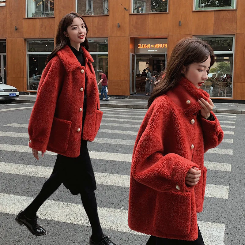 

Photo Shoot Korean-style Fur Lambs Wool Coat Winter Popular Students Loose Pearl Clasp Berber Fleece Small Coat