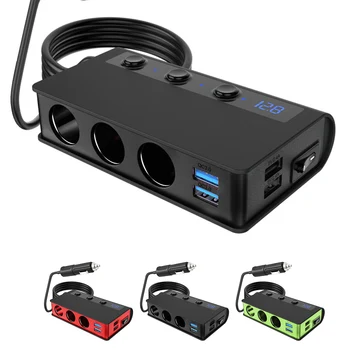 

180W Cigarette Lighter Splitter 4 USB 3 Cigar Lighter slot LED digital display Car Charger with Voltmeter for 12-24V vehicles